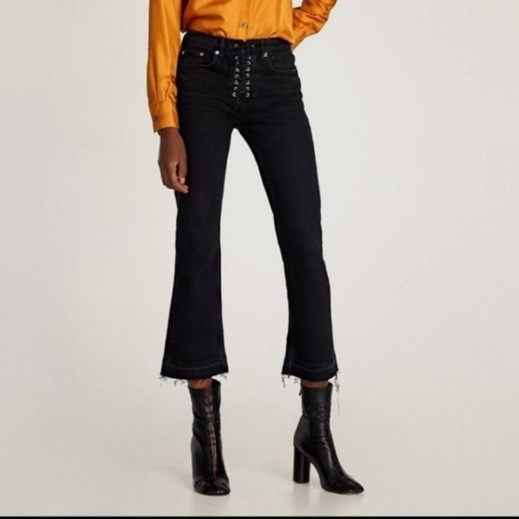 Zara Denim - Zara Cropped Lace-up Front Black Jeans Raw Cut Hem